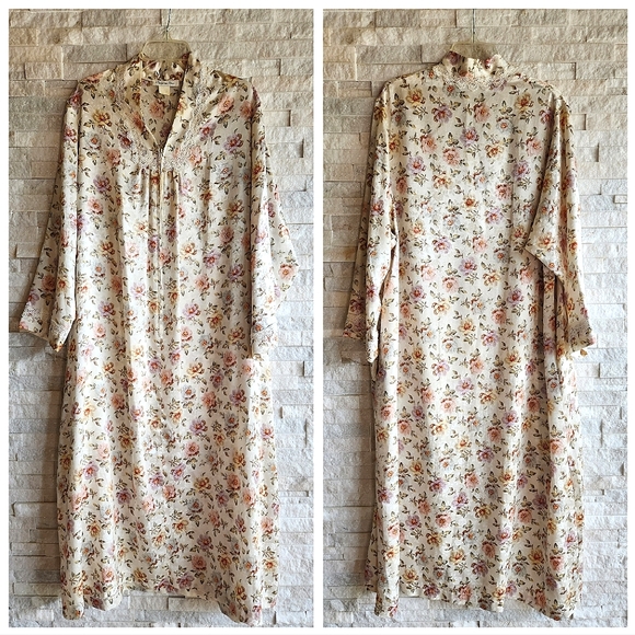 Vintage Christian Dior Long Night Gown Satin Robe Grandma Style Floral Size L - Picture 1 of 10